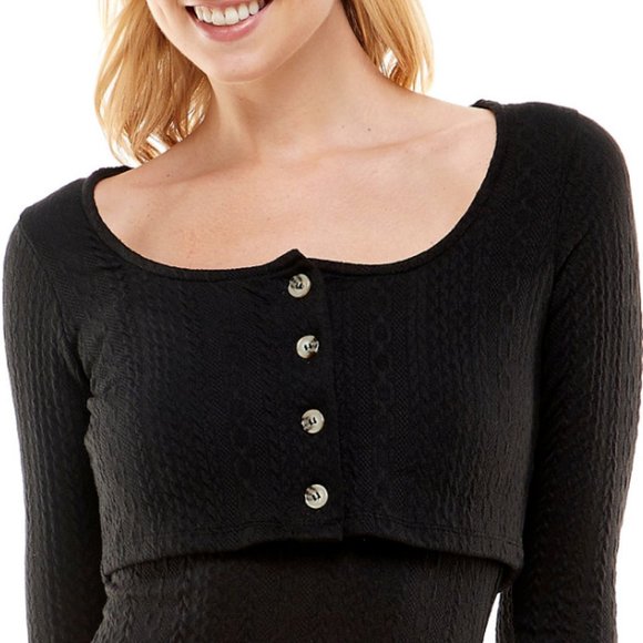 Ultra Flirt Womens Crop Long Sleeve Button-Up Top Cardigan Juniors Small Black - Picture 6 of 12